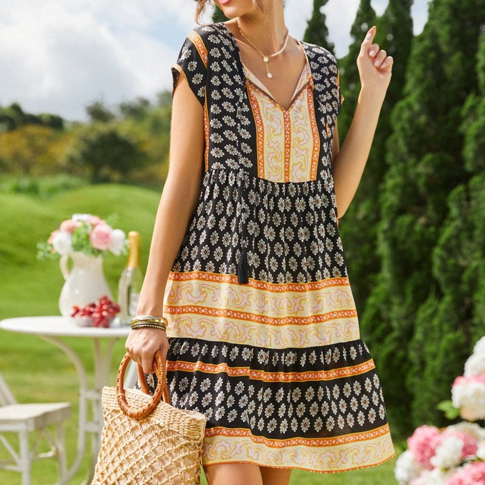 Suzanne Betro Black & Yellow Abstract Print Casual Dress (XL-14)